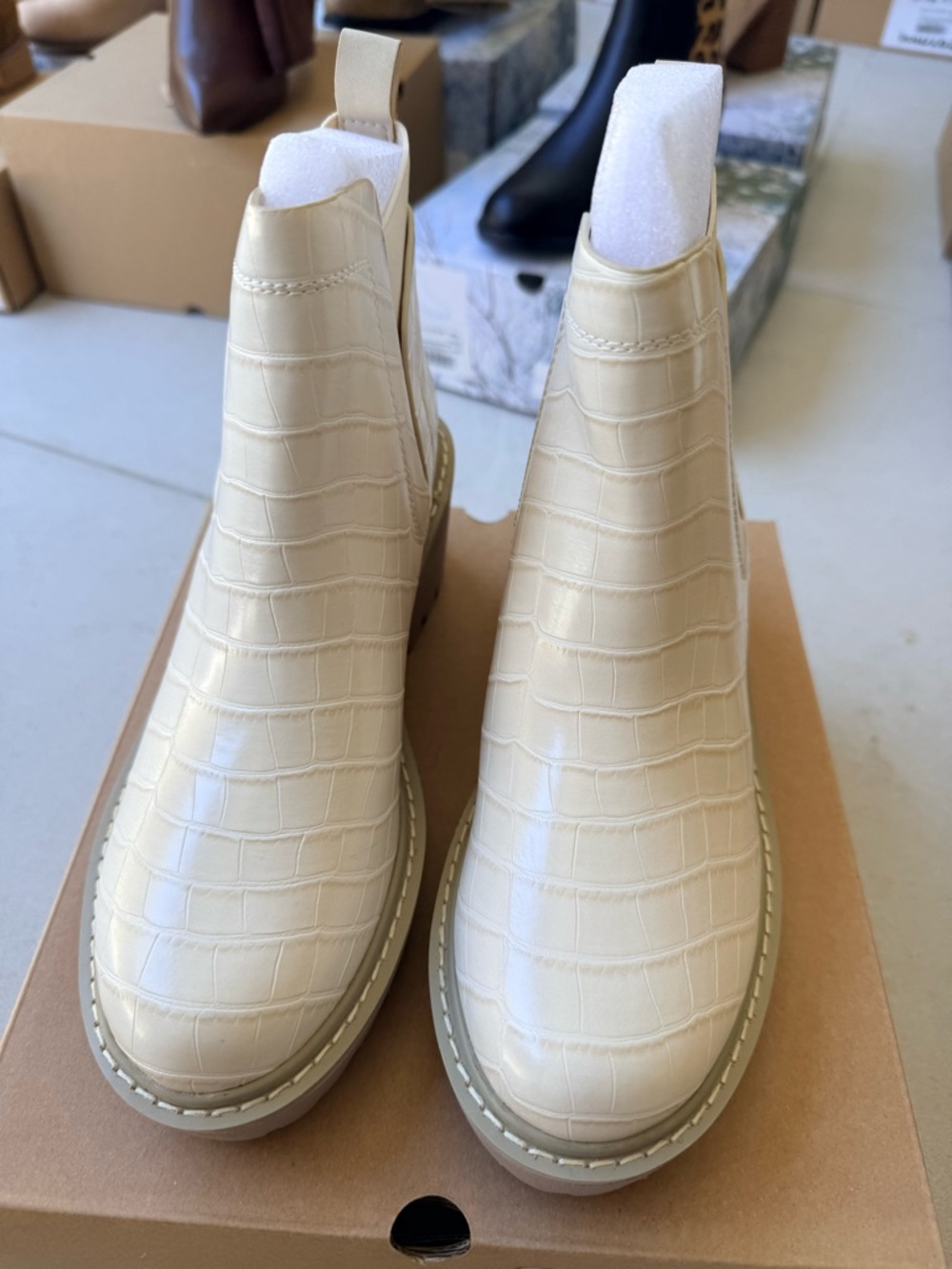 Cream Croc-Embossed Chelsea Boots - Women's Slip-On Ankle Boot
